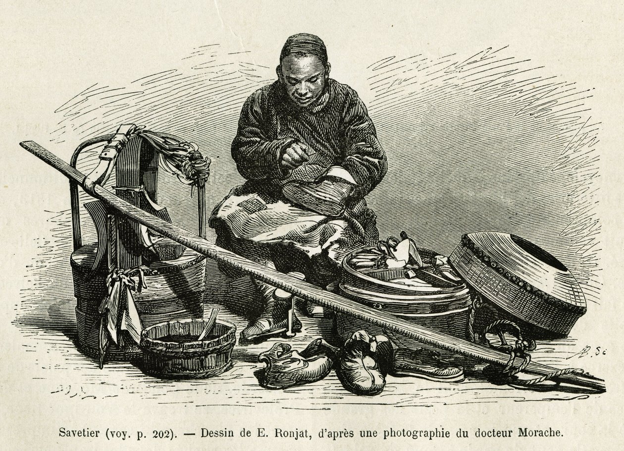 The traveling saver repairs the boots but also the harnesses of the cars of the senior officials of the palace, at the foot of the Oriental Flower Gate of the Imperial Palace in Pekin. Engraving after the drawing of E.Ronjat, to illustrate the journey to P by Etienne Antoine Eugene Ronjat