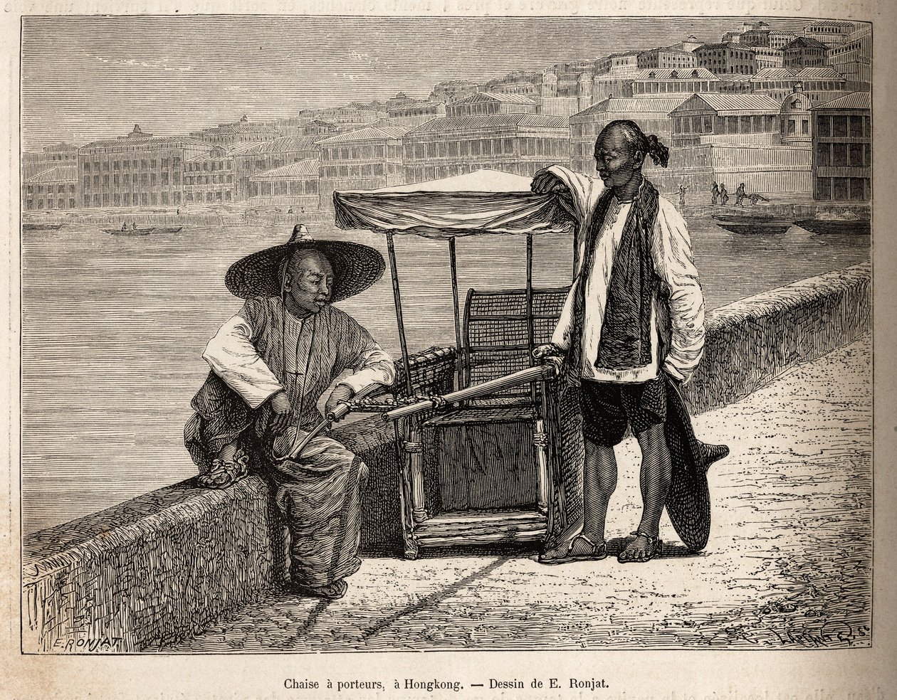 Two Bearers at Rest Beside Their Wheelchair in Hong Kong by Etienne Antoine Eugene Ronjat