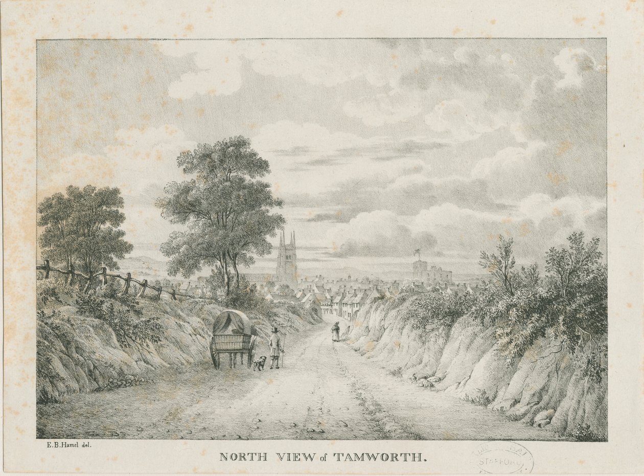 Tamworth - Distant View from North: lithograph by Etienne Bruno Hamel