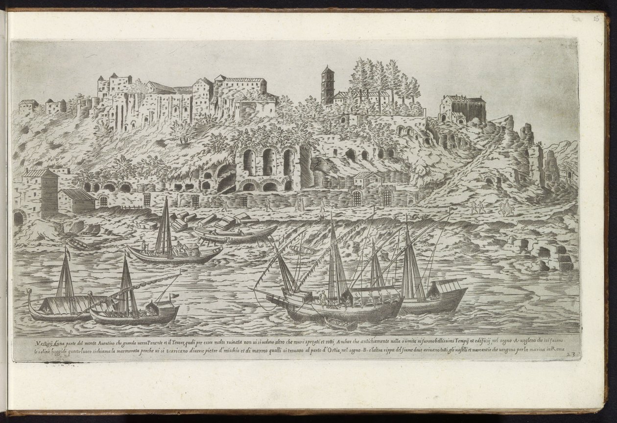 Aventine along the Tiber in Rome (Bouwwerken uit de oudheid) by Etienne Duperac