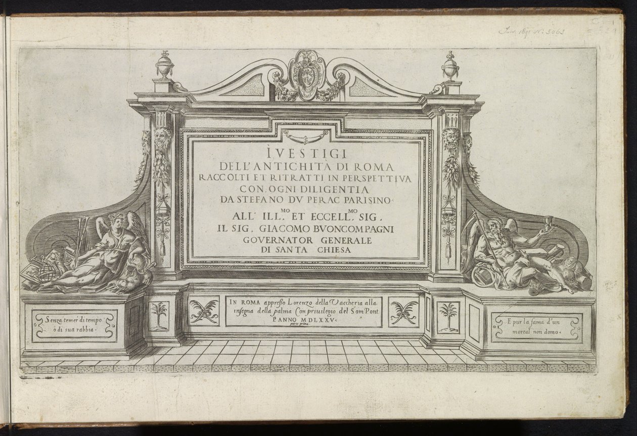 Title Print with a Monument Flanked by Fame and Father Time (Bouwwerken uit de oudheid) by Etienne Duperac