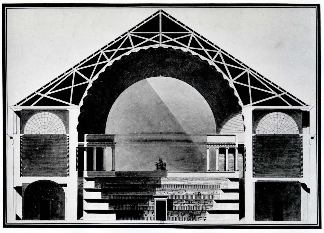 Bibliotheque Royale de France, Cross-Section Drawing of the Building. Architecture by Etienne Louis Boullee (Etienne-Louis Boullee), French Architect (1728-1799) by Etienne Louis Boullee