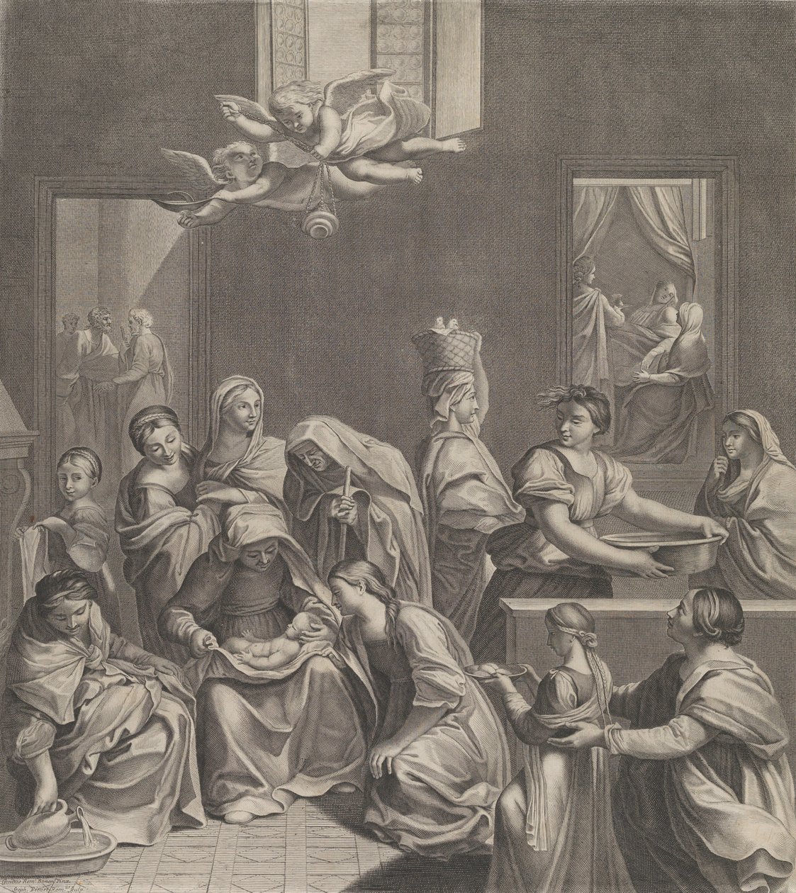 The Birth of the Virgin, Woman Seated with an Infant in Her Lap, Numerous Women Surrounding by Etienne Picart
