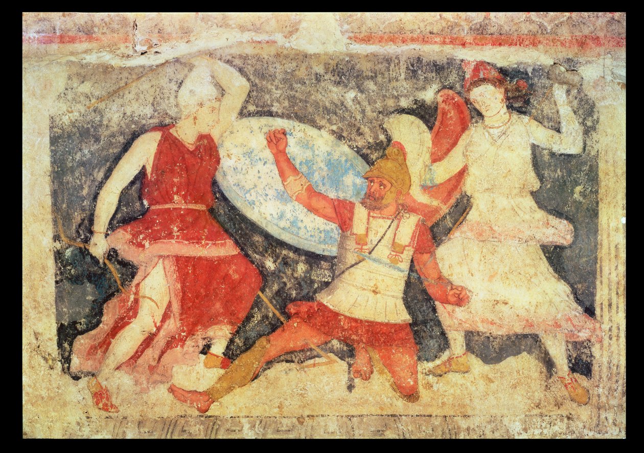 Two Amazons in Combat with a Greek, from Tarquinia by Etruscan