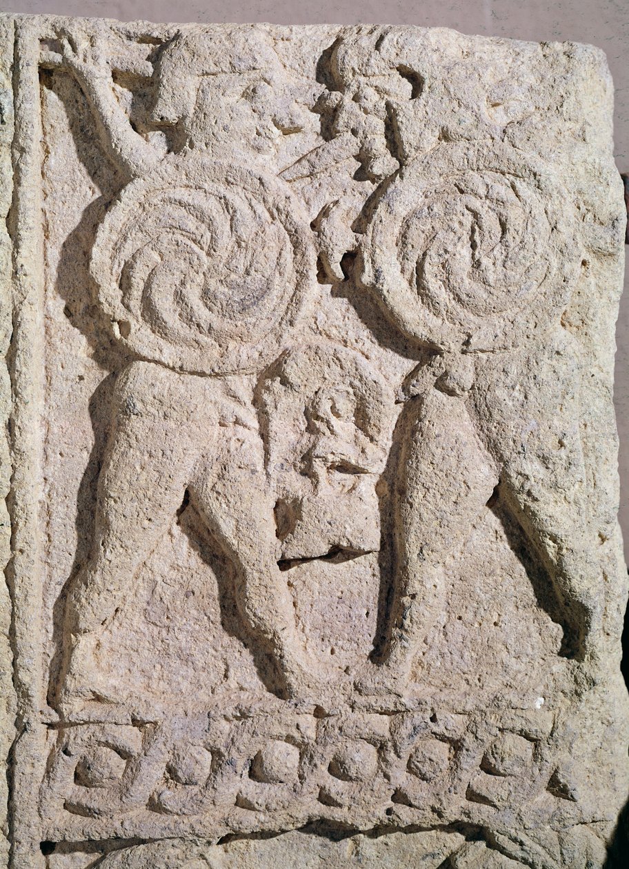 Detail of a tombstone with two warriors by Etruscan
