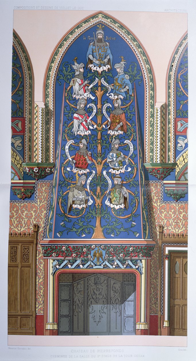 Decorative scheme with King Arthur and the Knights of the Round table, for a fireplace in Cesar Tower at Chateau de Pierrefonds, France by Eugene Emmanuel Viollet le Duc