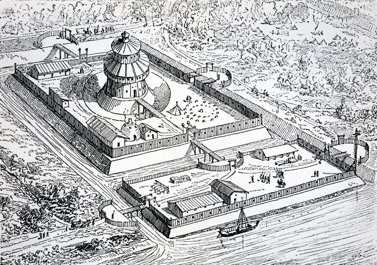 Reconstruction of the Louvre during the period of the Frankish kingdom in the 6th and 7th centuries, 1895 by Eugene Emmanuel Viollet le Duc