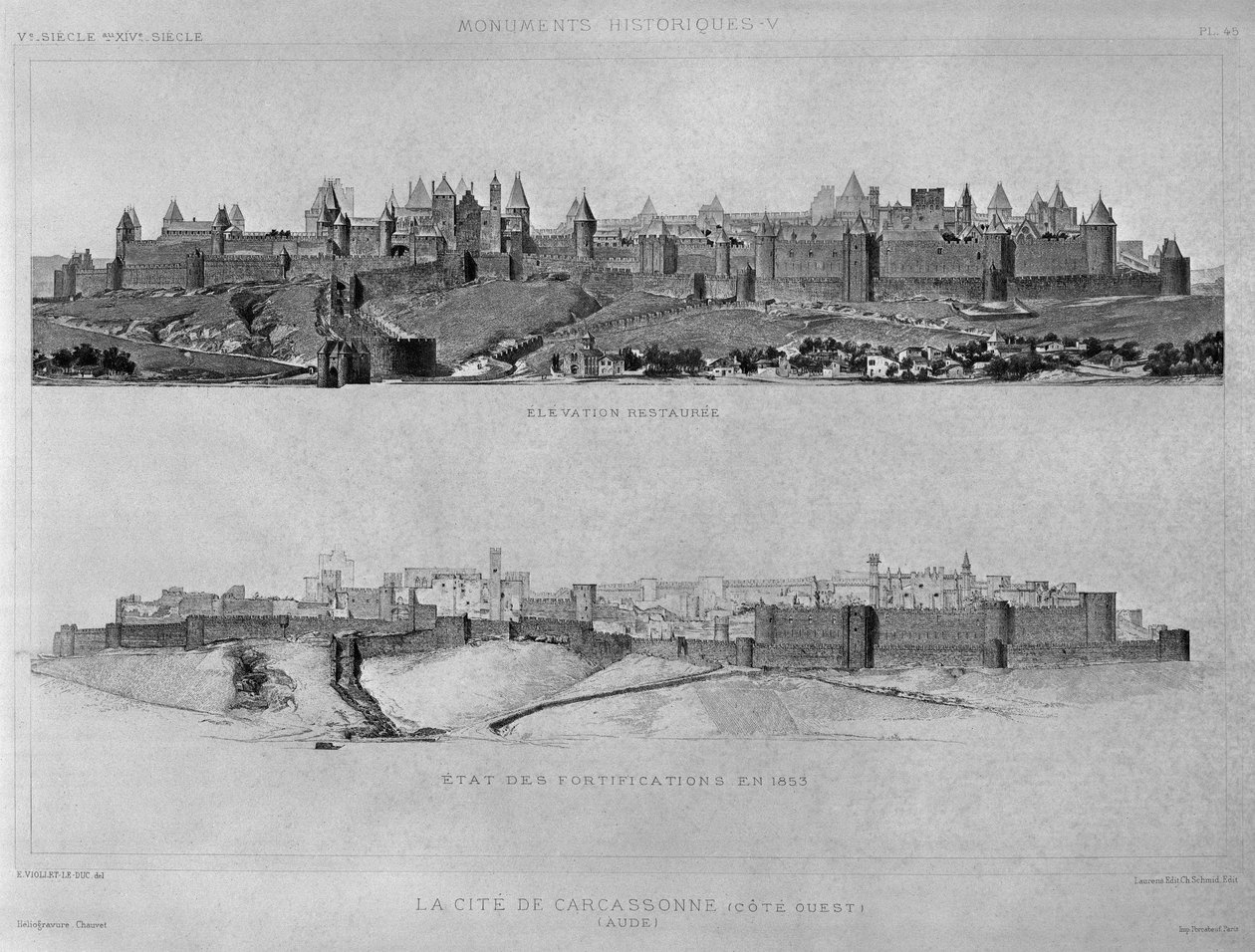 View of Carcassonne from the west side, State of the fortifications and the city, illustration from 