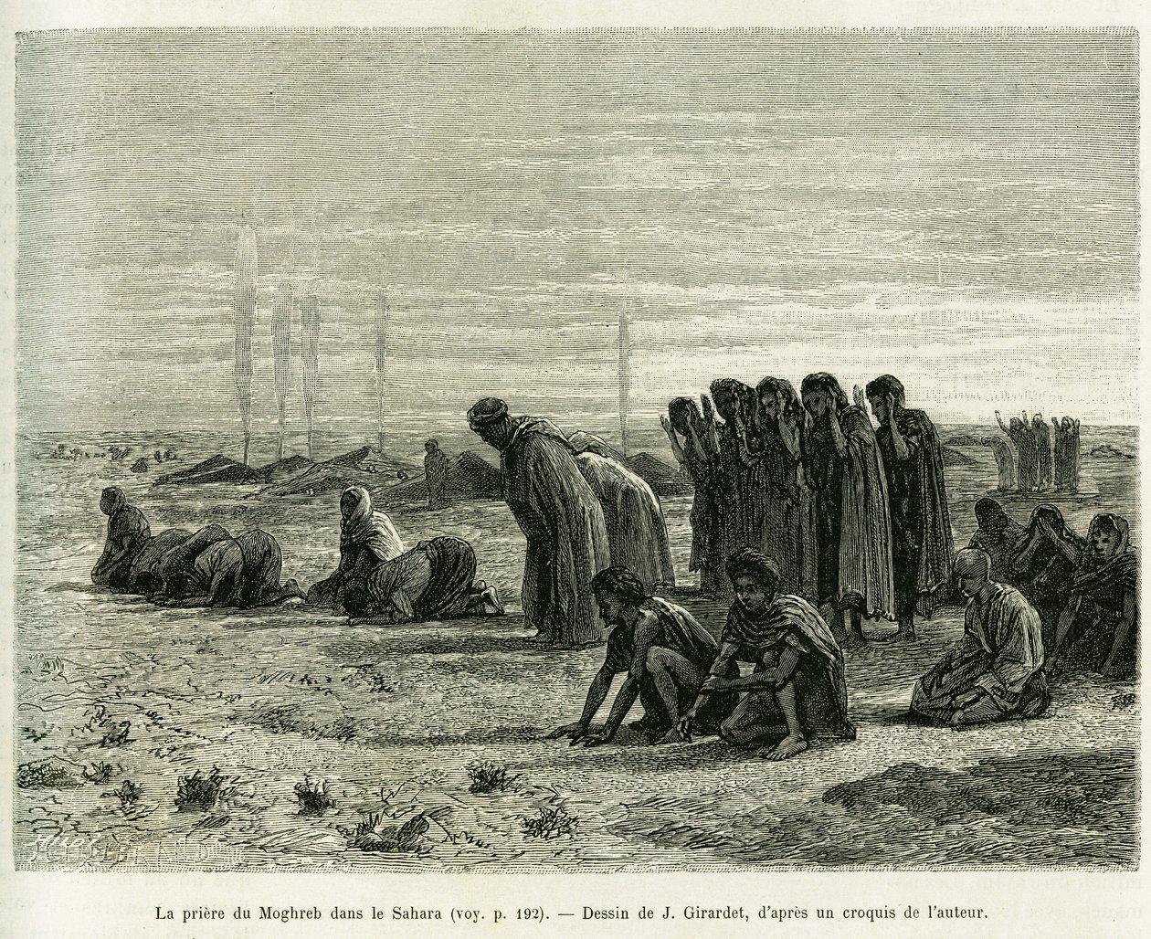 The Moghreb prayer in the Sahara. Engraving by J.Girardet, to illustrate the story 