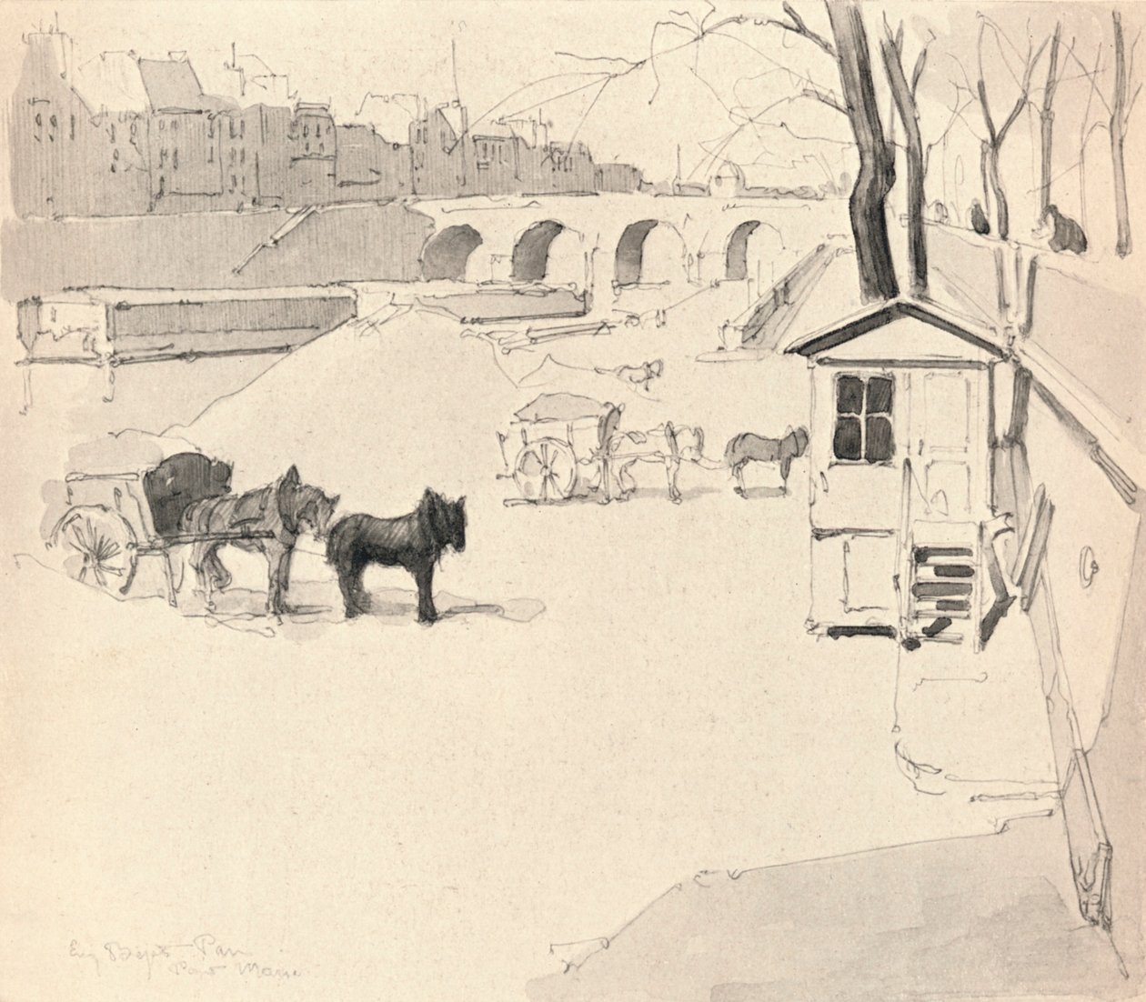 The Pont Marie - Horses and Carts by Eugene Bejot