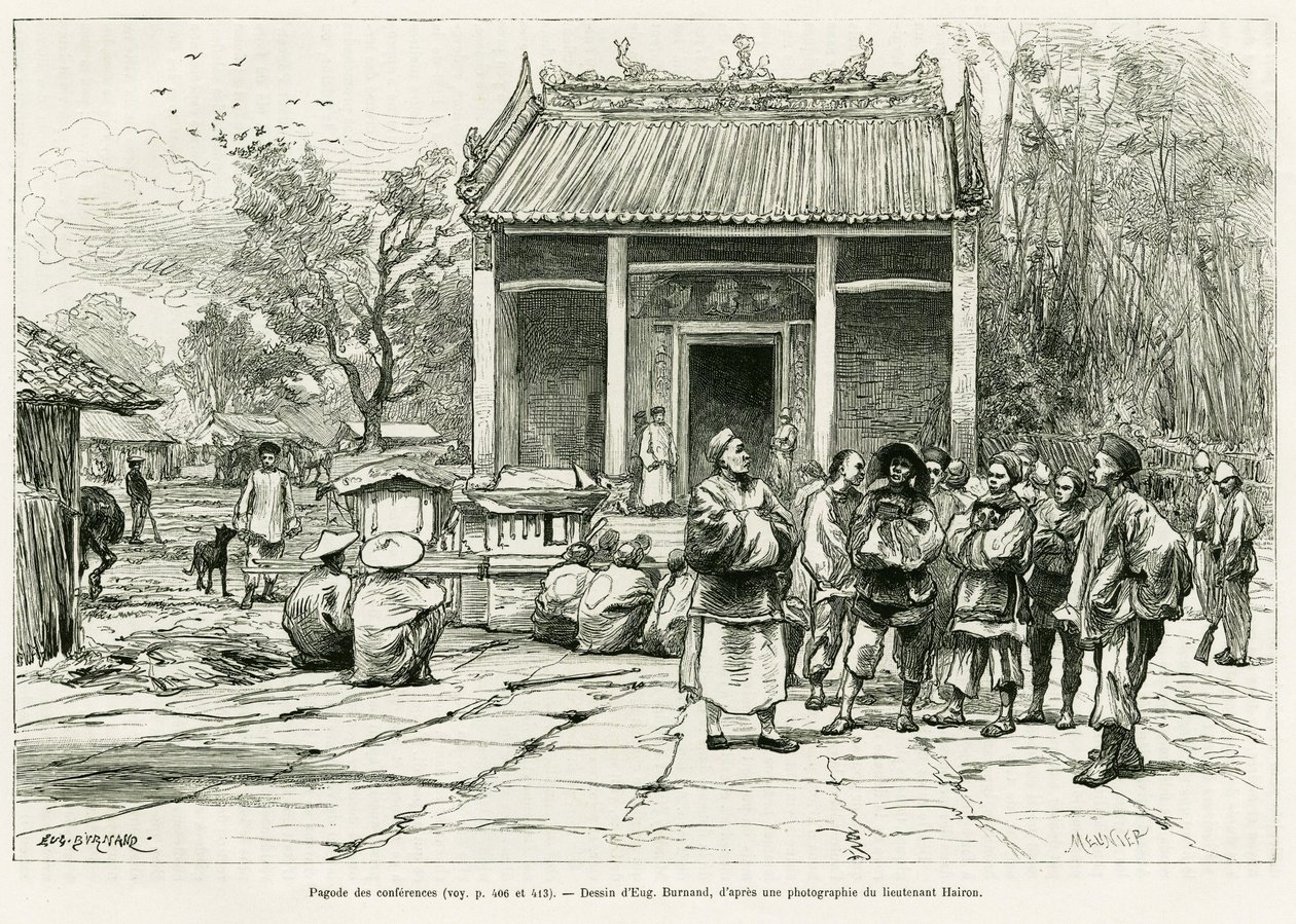 Conferences Pagoda, Monkay (engraving by Eugene Burnand, to illustrate the story Sur les frontières du Tonkin, by Doctor P.Neiss, in le tour du monde 1888) by Eugene Burnand