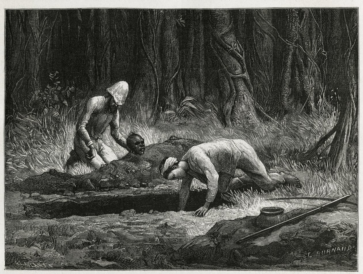 Dr. Harmand and His Annamite Helper Conducting Clandestine Exhumations of Khas Burials at Attopeu (Laos) by Eugene Burnand