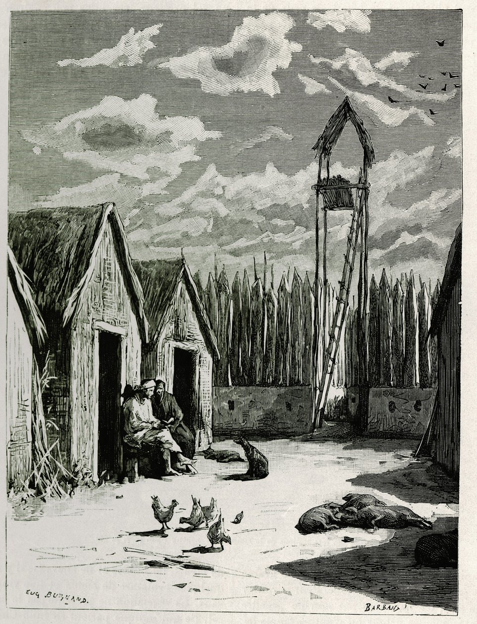 Missionary Square in Meuong Ngan. Engraving by Eugene Burnand, to illustrate the story “Journey in Upper Laos”, in 1880, by Dr. P.Neis. Published in Le Tour du monde, nouveau journal des voyages, 2nd semester 1885, edited by Edouard Charton by Eugene Burnand