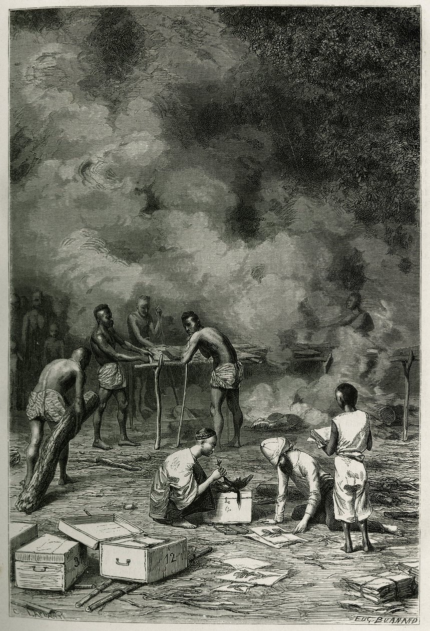 The drying of herbarium plants, on large bamboo clays, before the doctor classifies them and stores them in his crates, engraving by Eugene Burnand, to illustrate the story of Laos and the wild populations of Indochina by Doctor Harmand, in 1877, published by Eugene Burnand