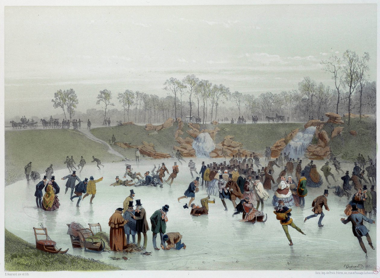 The Skaters at Bois de Boulogne. Lithograph by Eugene Guerard by Eugene Charles Francois Guerard