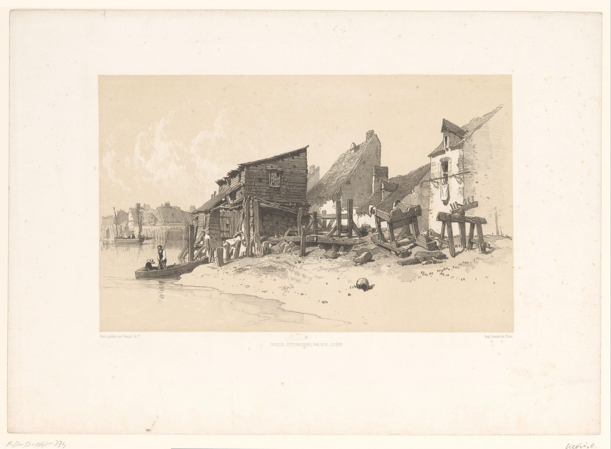 Riverbank with Houses and Watermill (Picturesque Landscapes) by Eugene Ciceri
