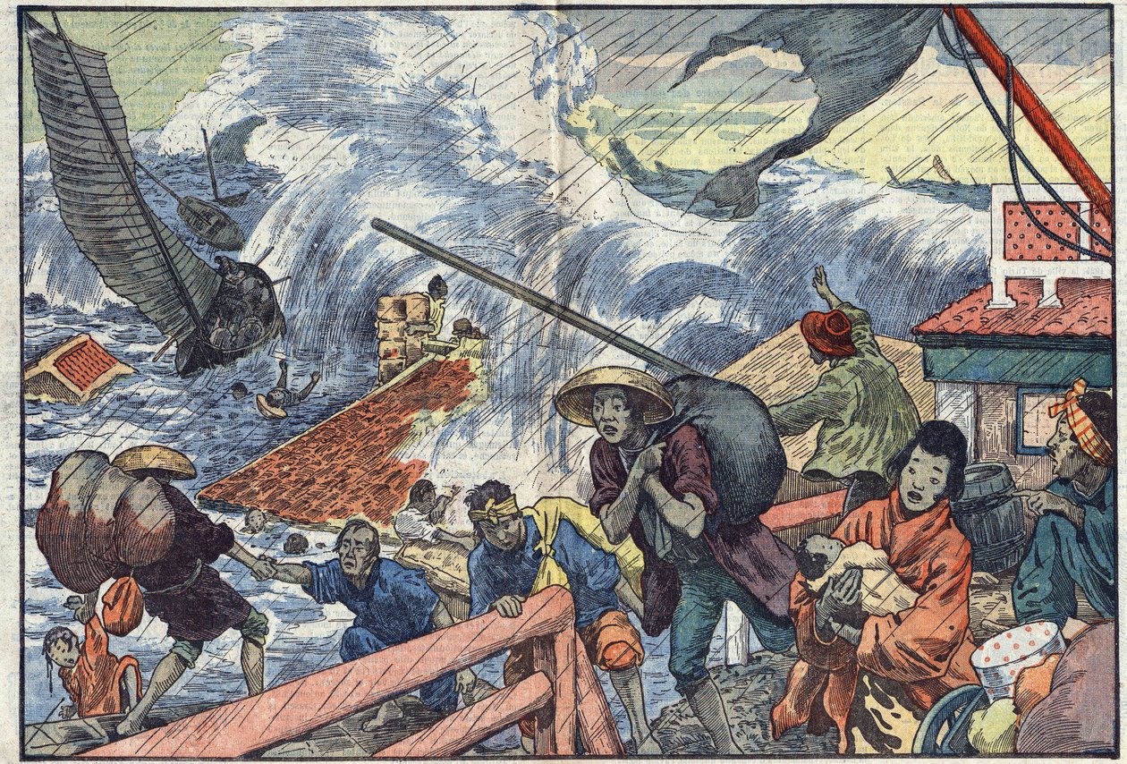 A maree raz and a typhoon hit Japan. Illustration of Damblans. In Le Pelerin of October 2 by Eugene Damblans