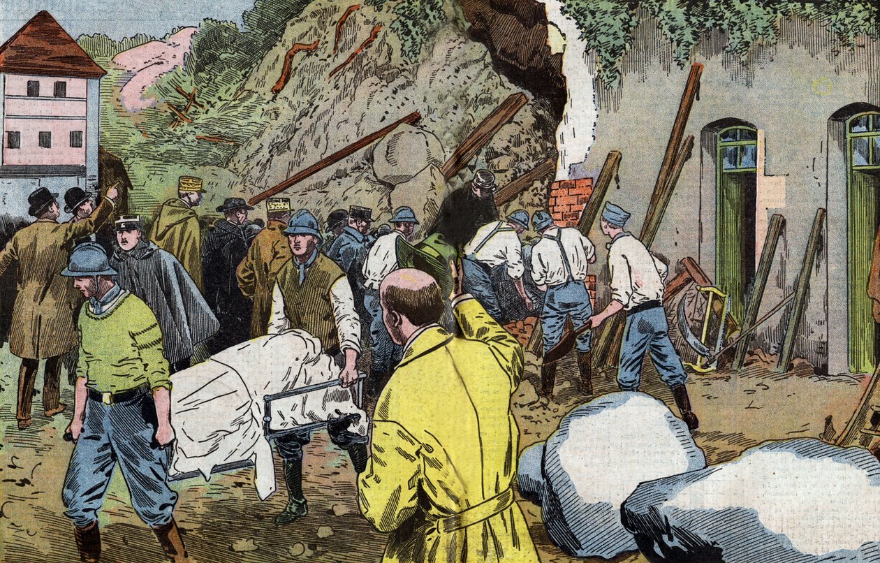 Body of American general Dunlop dead because he rescued Mrs Briant under collapse of outbuildings of Fariniere castle (France) drawing by Damblans from French paper "Le Pelerin" June 7 by Eugene Damblans