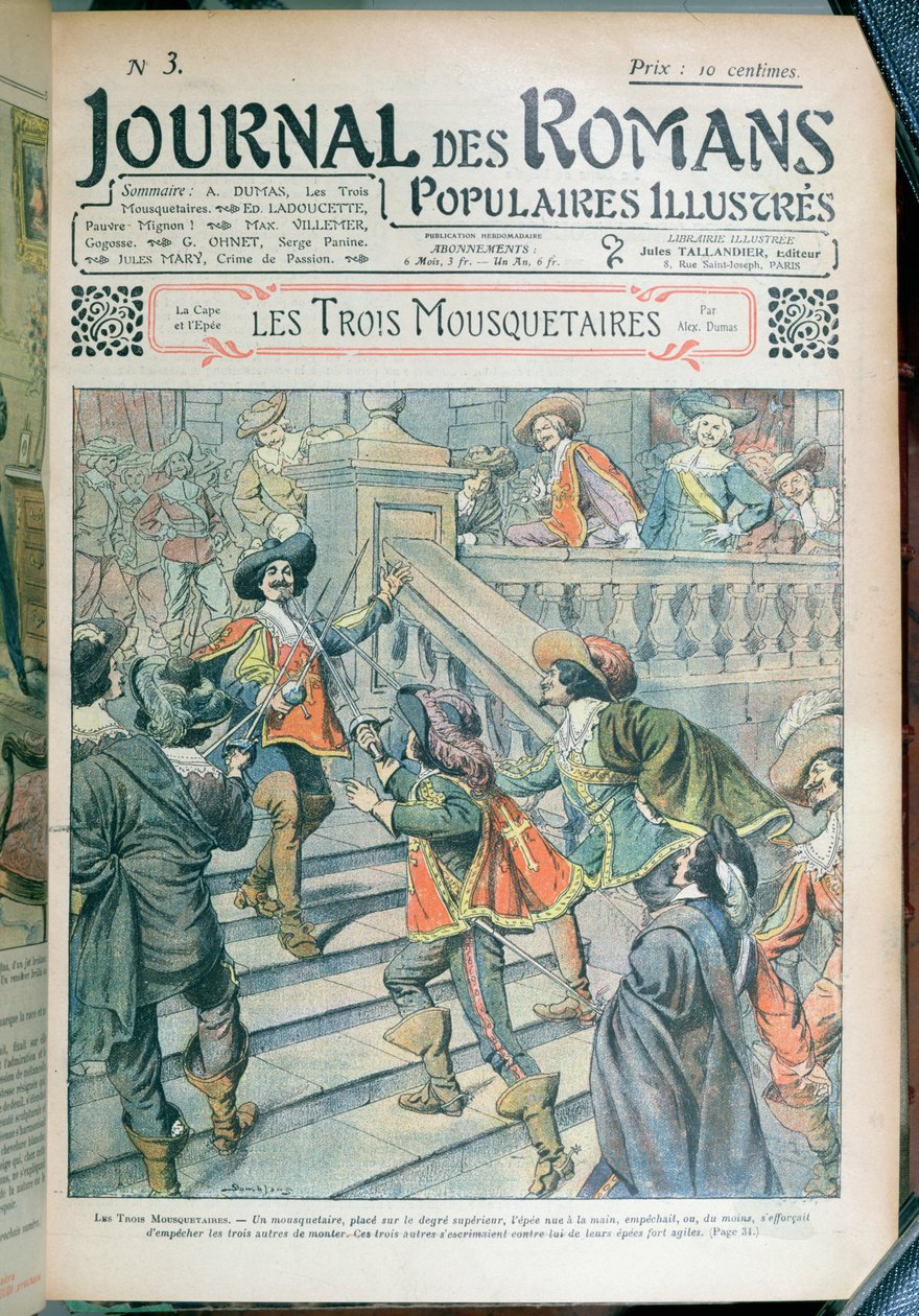 Front cover of a serialisation of The Three Musketeers by Alexandre Dumas pere from Journal des Romans Populaires Illustres by Eugene Damblans