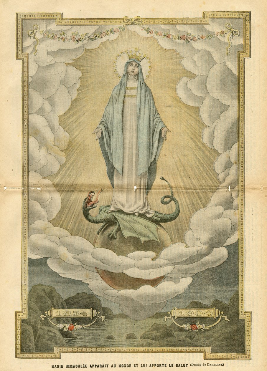 Illustration of Eugene Damblans in Le Pelerin, 04/12/04 - Mary immaculee appears to the world and brings salvation to it - Religion Faith, Catholic Catholicism - Immaculee conception - Mary, Dragon - Clouds - Earth by Eugene Damblans
