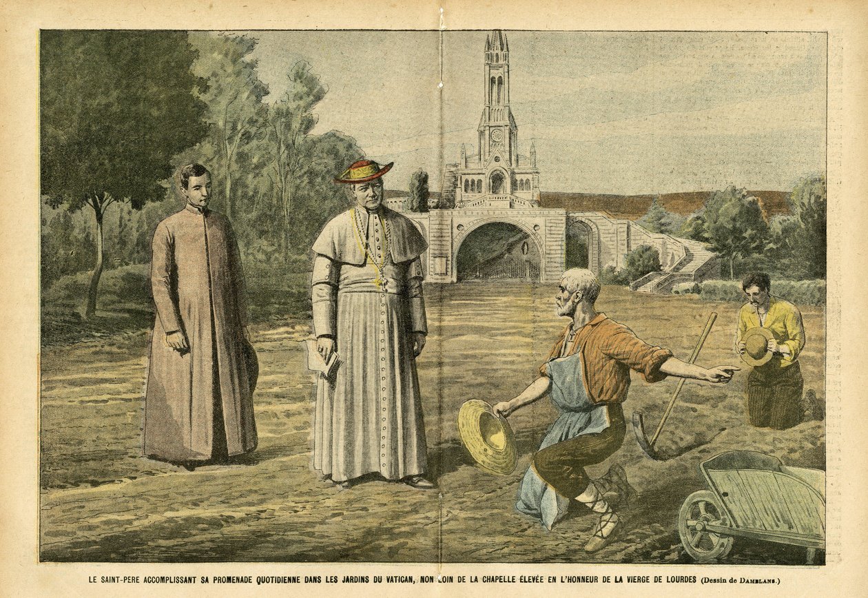 Illustration of Eugene Damblans in Le Pelerin, 20/08/05 - The Holy Father performing his daily walk in the gardens of the Vatican, not far from the chapel raised in honor of the Virgin of Lourdes - Religion Faith, Agriculture, Vatican, Catholic by Eugene Damblans