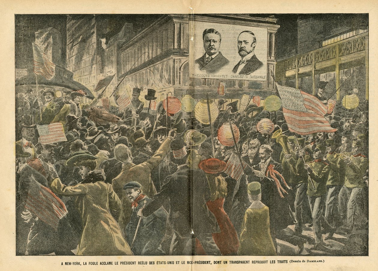 Illustration of Eugene Damblans (1865-1945) in Le Pelerin, 20/11/04 - In New York, the Crowd Cheers the Reelected President of the United States and the Vice President by Eugene Damblans