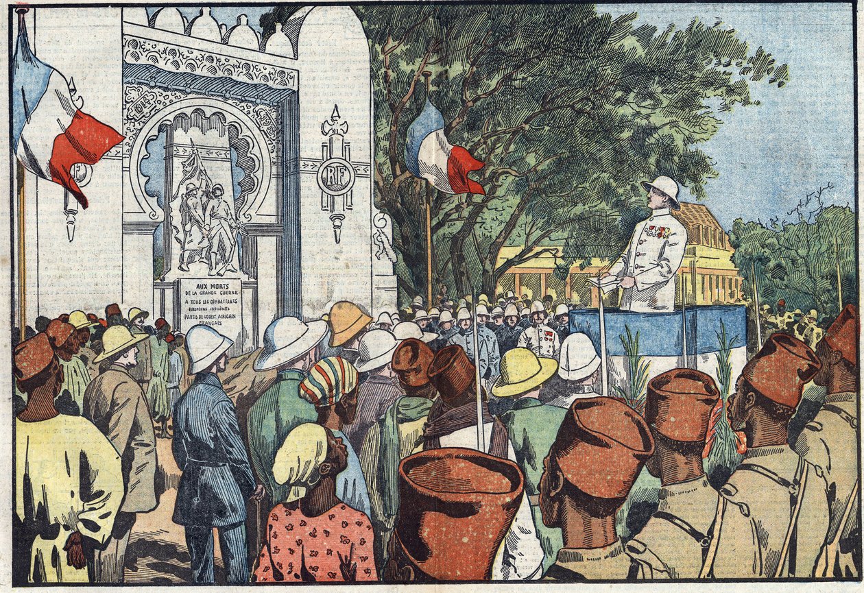 Inauguration in Dakar, by Andre Maginot, Minister of Colonies, of the monument to the thirty thousand dead of French West Africa. Illustration of Damblans. In “Le Pelerin” of March 10 by Eugene Damblans