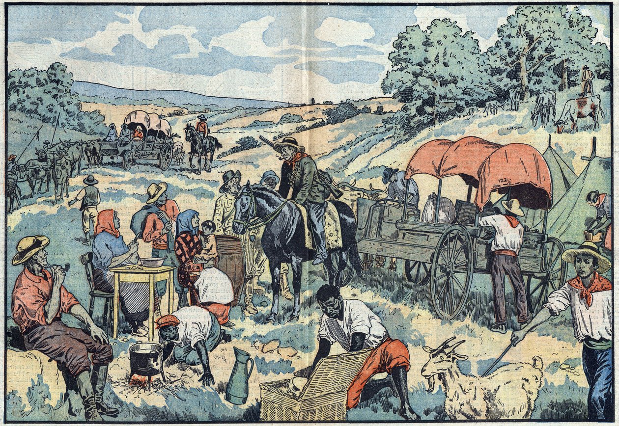 Population migration in Africa: 2000 Boers leave the Portuguese colony of Angola by carriage to the more fertile regions of South Africa. Illustration of Damblans in Le Pelerin of September 30 by Eugene Damblans