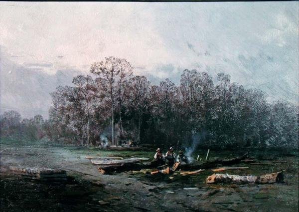 Misty Landscape with Woodcutters by Eugene Deshayes