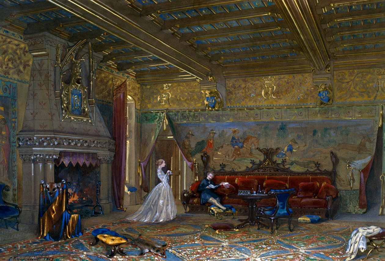 Design of a Gothic style hall for Chateau de Pierrefonds, with the emperor and empress by Eugene Emmanuel Viollet le Duc