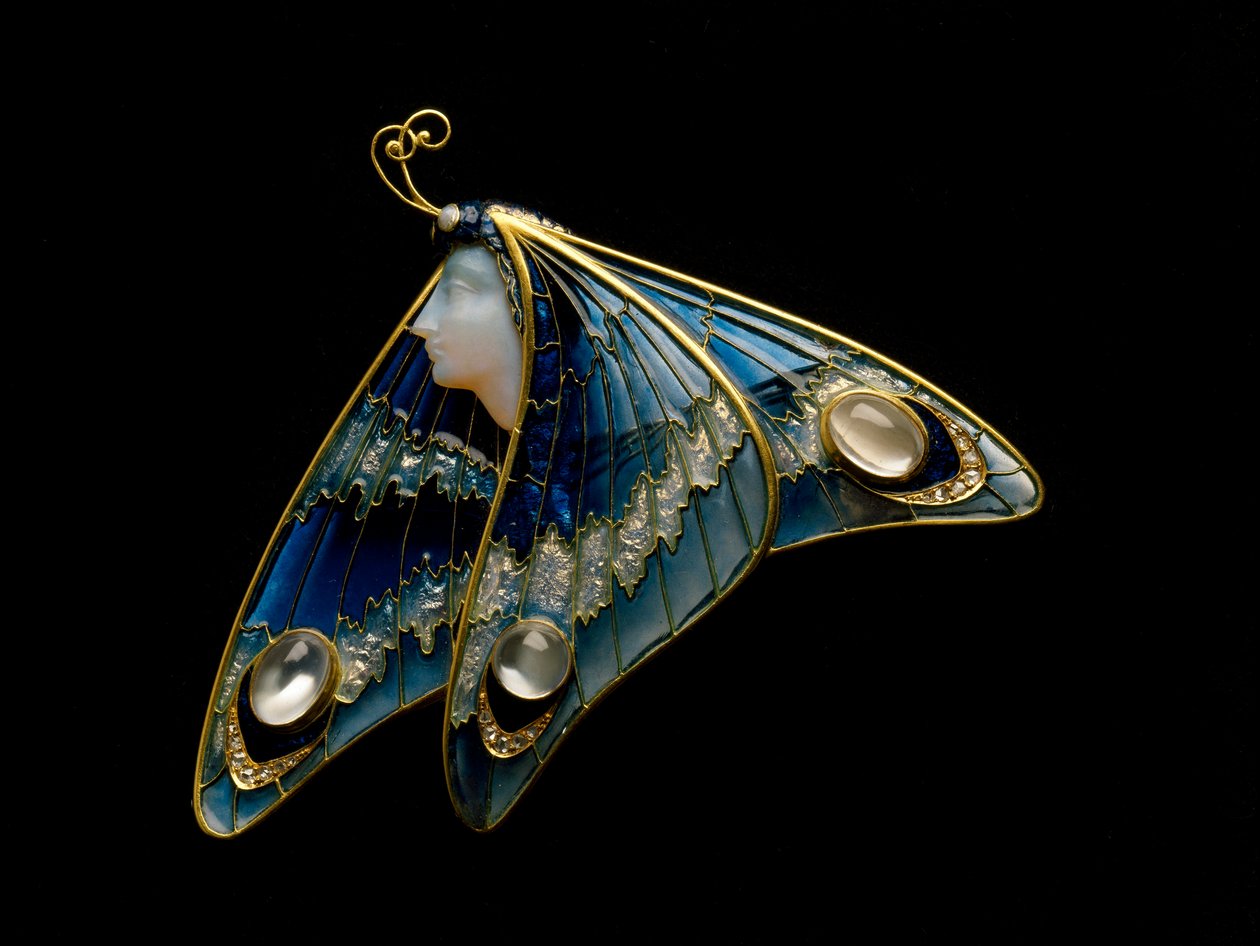 Art Nouveau: gold brooch, translucent enamel, opal, moonstone and diamond in the shape of a butterfly woman by Eugene Feuillatre
