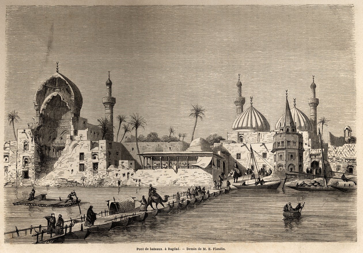 A boat bridge, in Baghdad, drawing by Eugene Flandin, to illustrate his voyage to Mesopotamia in 1840-1842. Engraving in "Le tour du monde" 1861. Selva