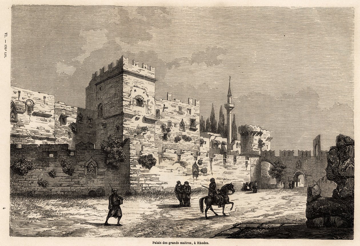 The palace of the great masters in Rhodes, drawing by Eugene Flandin, to illustrate his journey to the island of Rhodes in 1844. Engraving in Le tour du monde, edited by Edouard Charton by Eugene Flandin
