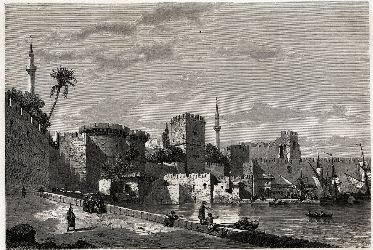 The view of the port of Rhodes and the gate of Aubusson, drawing by Eugene Flandin, to illustrate his journey to the island of Rhodes in 1844. Engraving in “Le tour du monde”, edited by Edouard Charton by Eugene Flandin