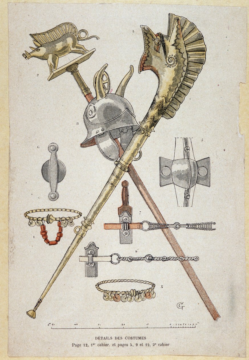 Accessories of the Gallic Warrior: Banner Decorating a Saglier Teaches, the Helmet and the Warhorn (Carnyx) - in “Illustrous Teaching Cahiers, War Costumes of the Bronze Age and the Gaulish Age”, ed. Grasset by Eugene Grasset
