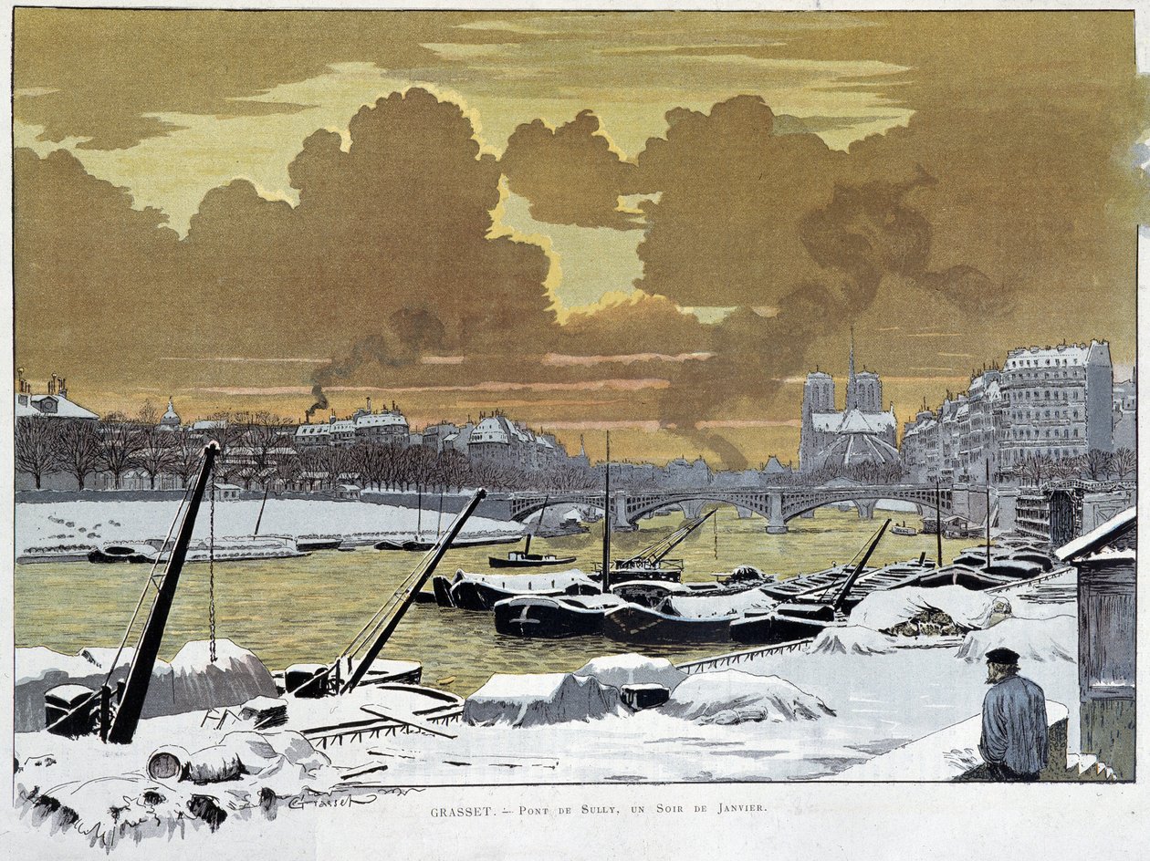 Le pont de Sully, in Paris covered snow, one evening of January 1886 - by Grasset by Eugene Grasset
