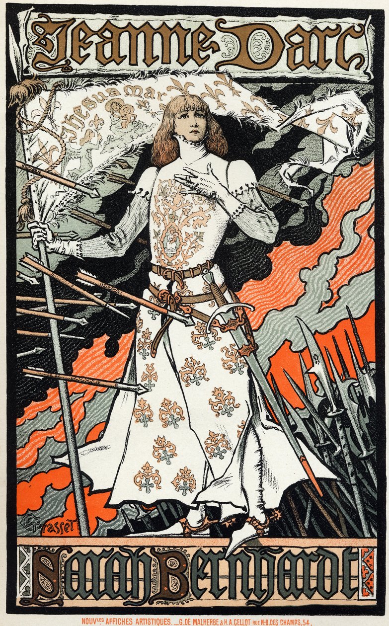 Literature. Theatre. Joan of Arc, play by Charles Peguy. Poster by Eugene Grasset representing Sarah Bernhardt, France by Eugene Grasset