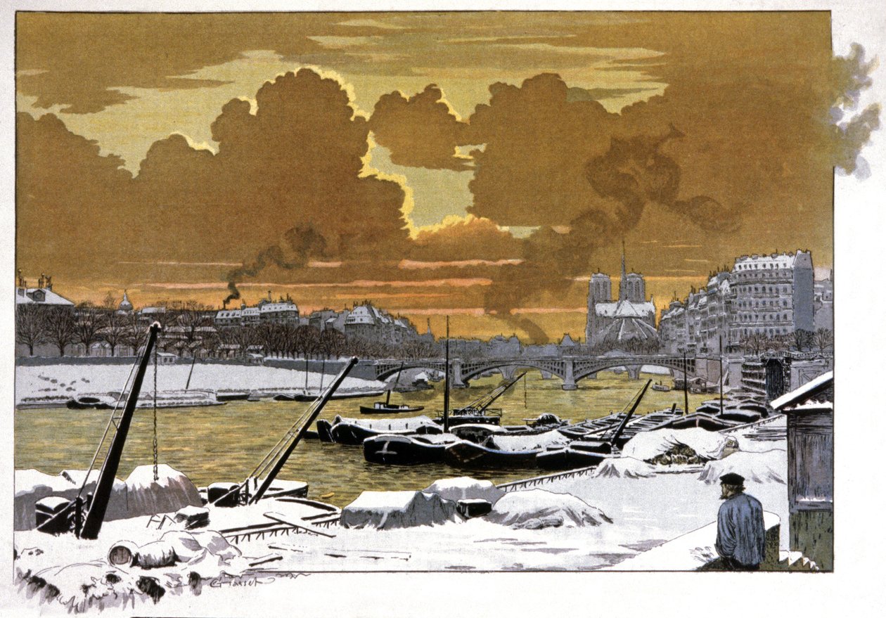 Paris, Barges Under the Snow at the Pont de Sully, c.1905 by Eugene Grasset