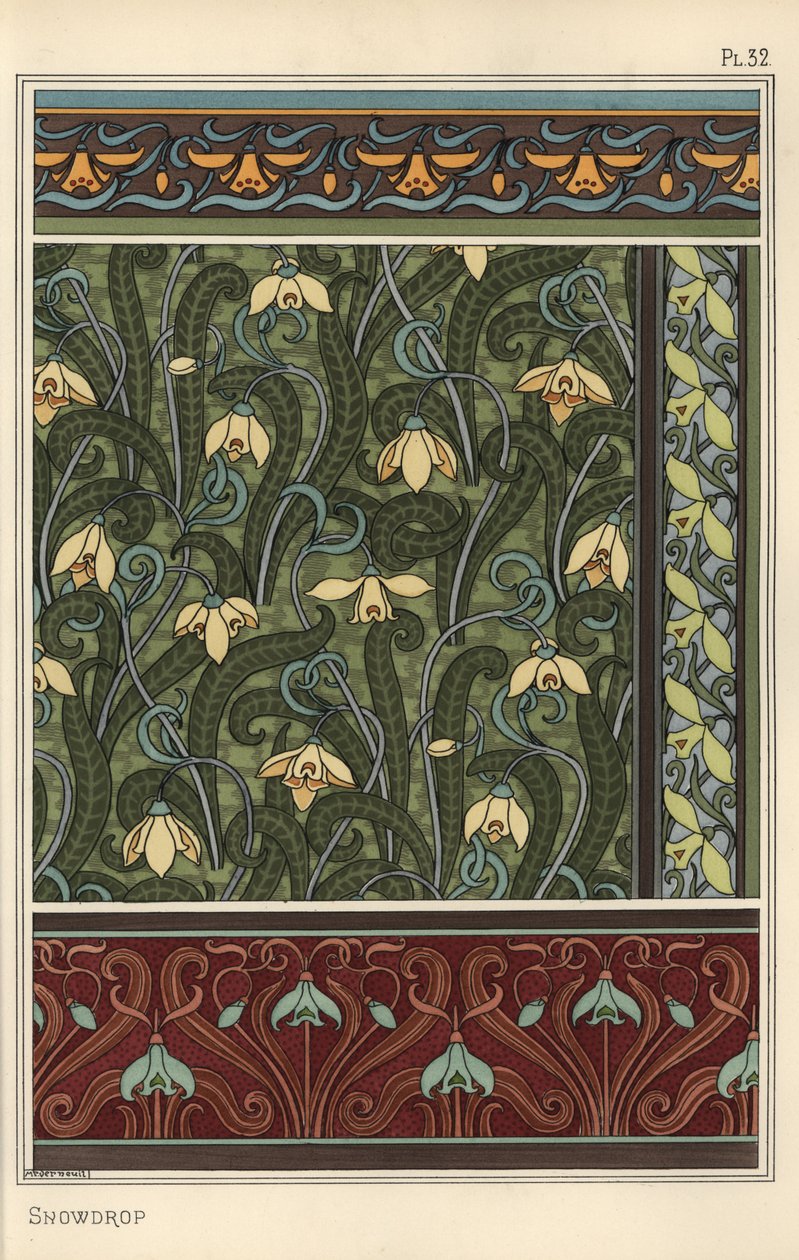 Snowdrop, Galanthus Nivalis, as Design Motif in Wallpaper, Borders and Fabrics by Eugene Grasset