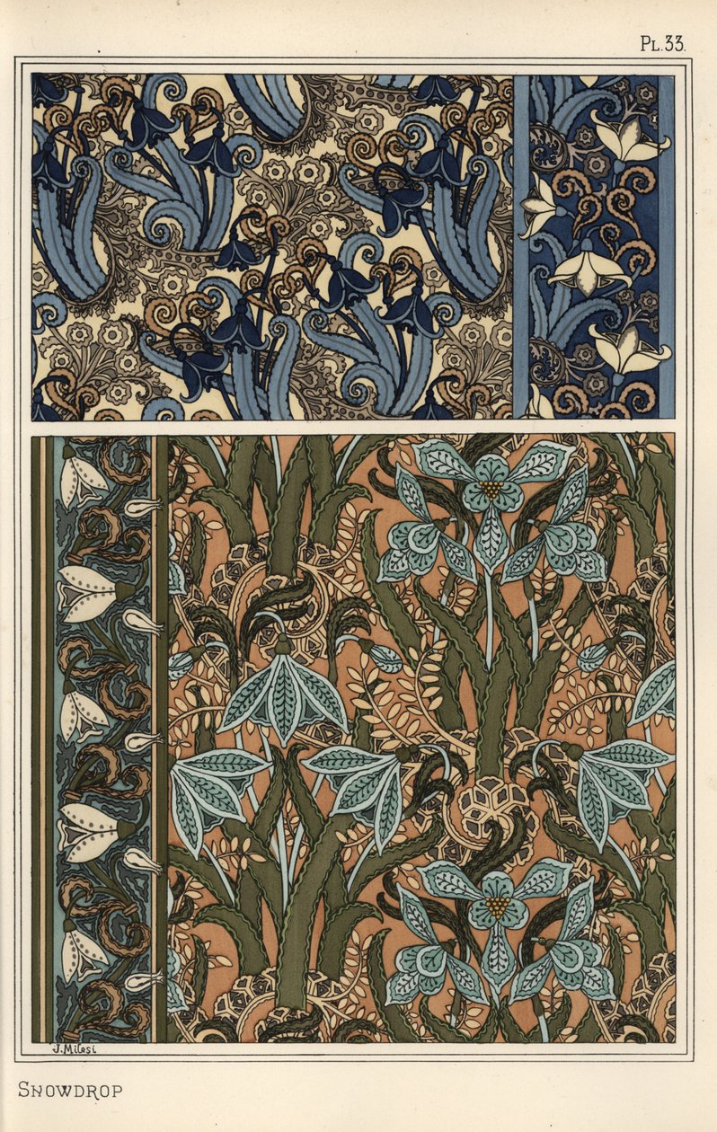 Snowdrop, Galanthus Nivalis, as Design Motif in Wallpaper, Borders and Fabrics by Eugene Grasset