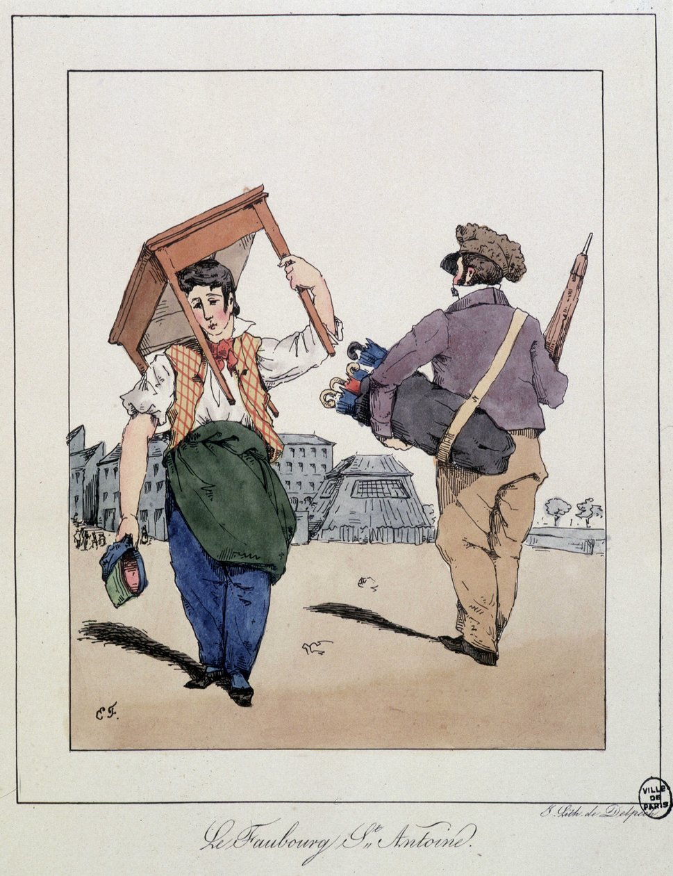 Le faubourg St Antoine: furniture repairman and walking umbrellas merchant - in "Souvenirs d