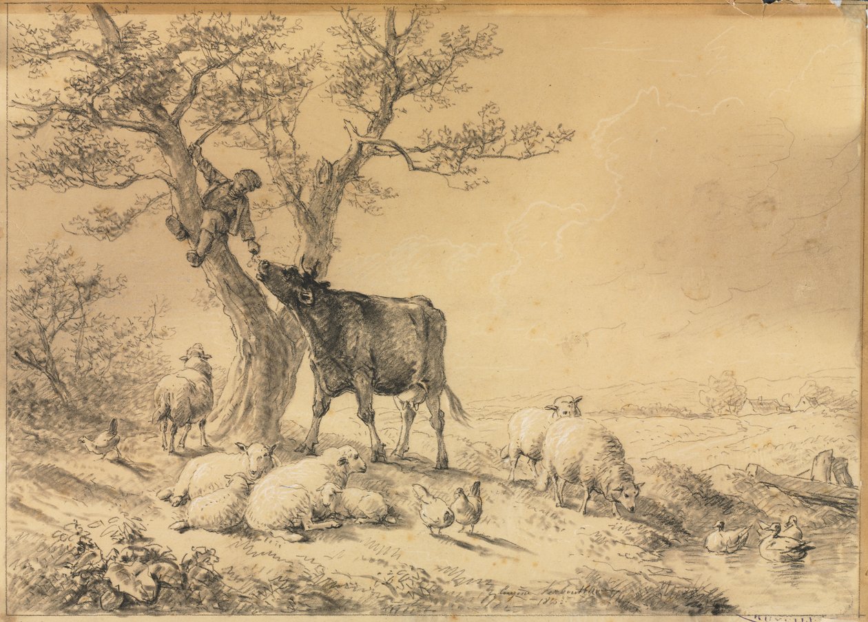 Landscape with Animals and Boy in Tree by Eugene Joseph Verboeckhoven