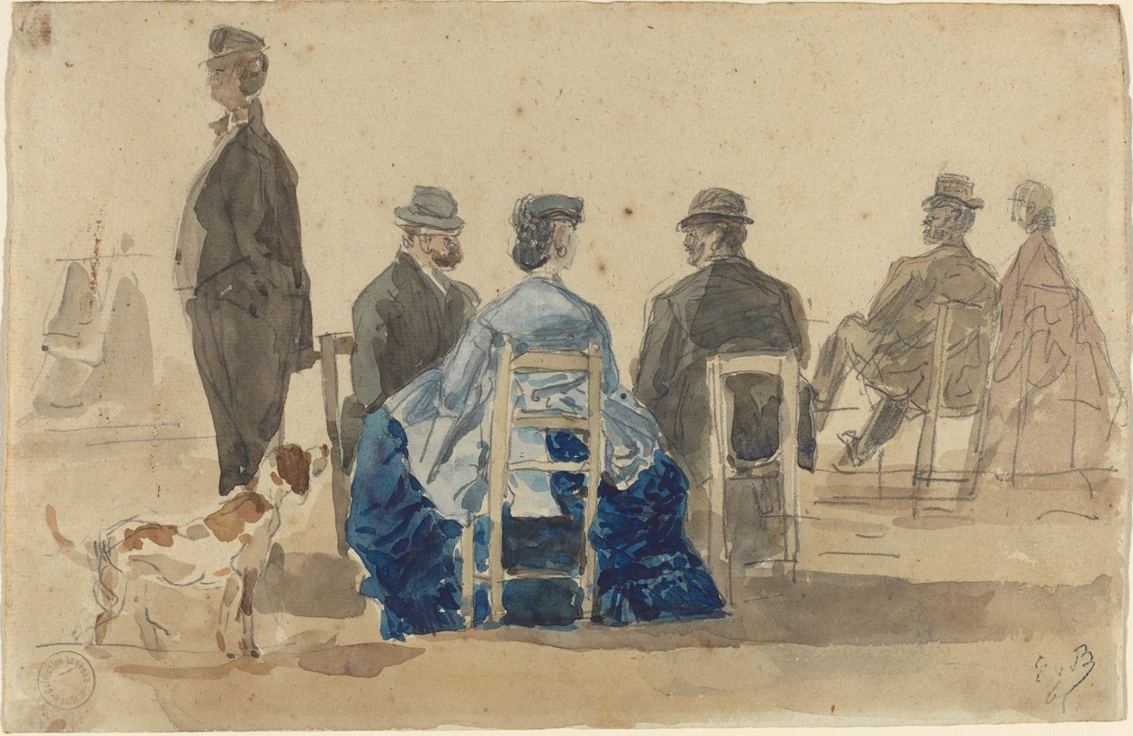 Ladies and Gentlemen Seated on the Beach with a Dog by Eugene Louis Boudin