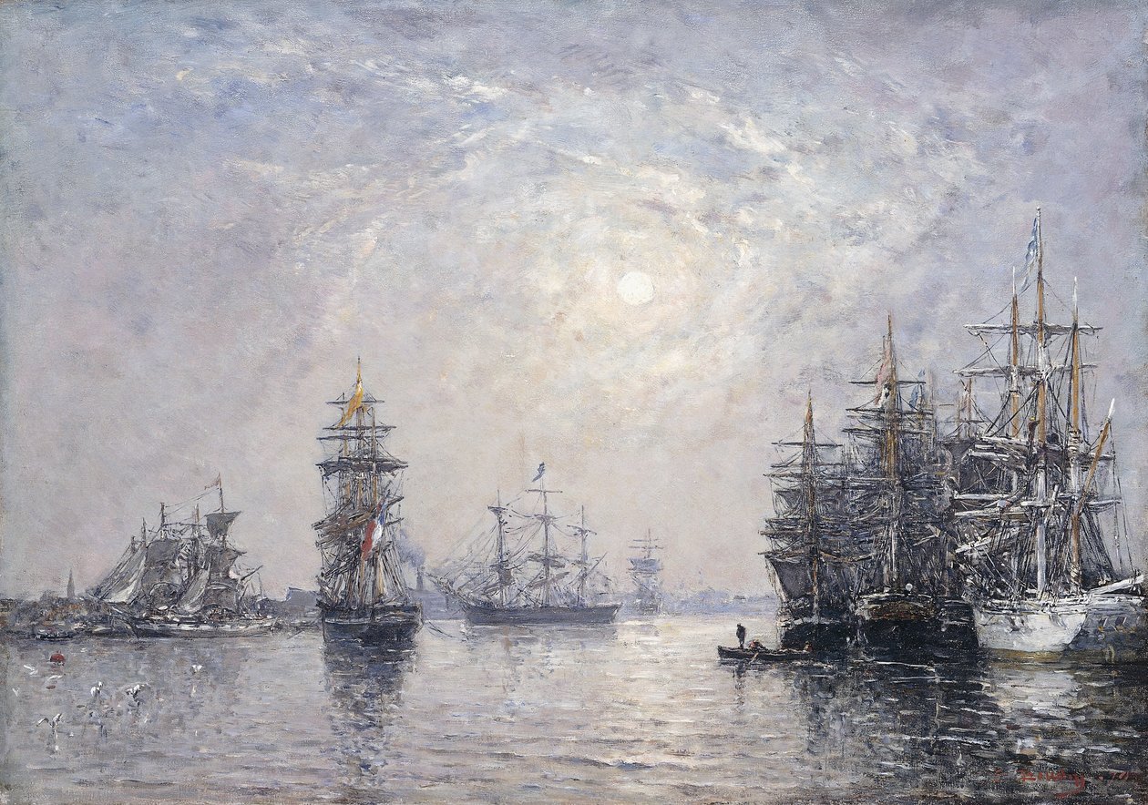 Le Havre, Eure Basin, Sailing Boats at Anchor, Sunset by Eugene Louis Boudin
