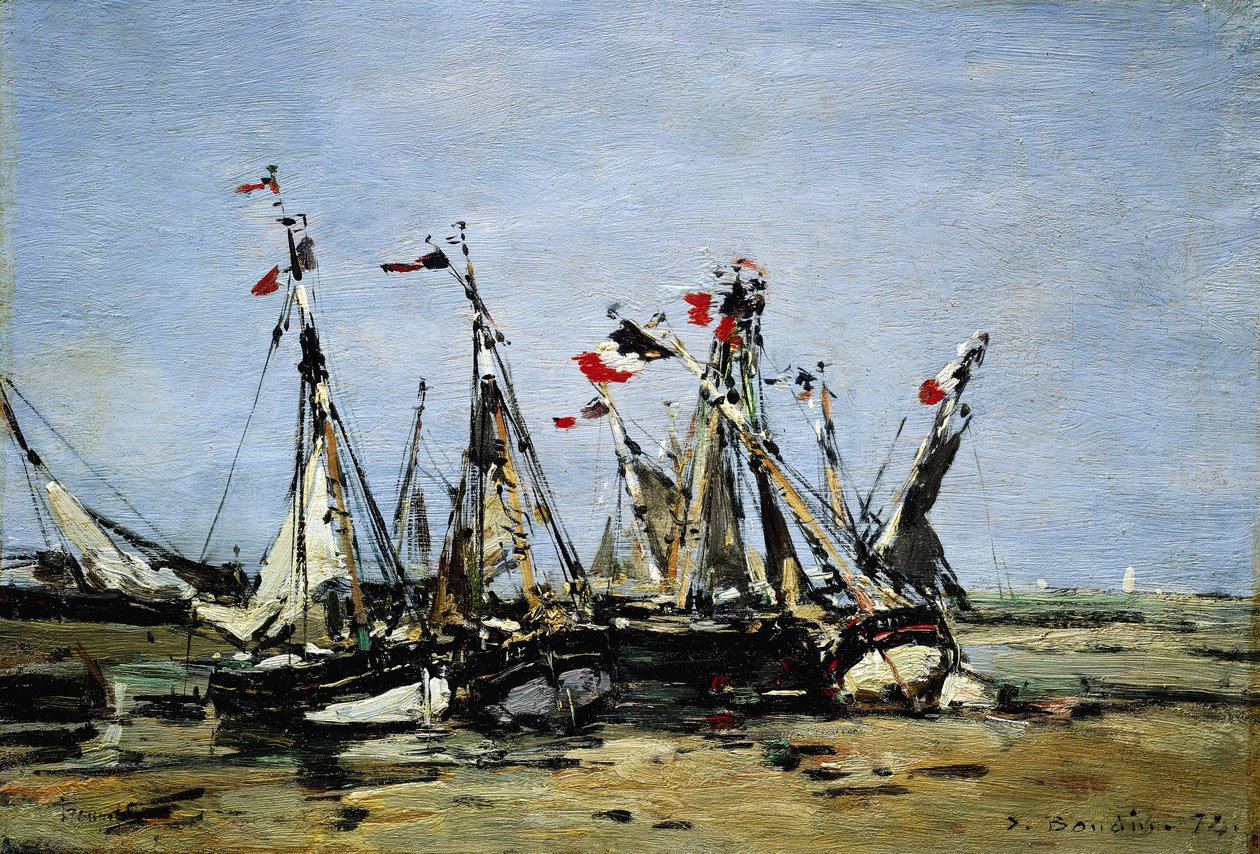 Trouville, waiting for the tide, fishing boats on the beach, decorated with French flags, commemorating the French Revolution of 1789 by Eugene Louis Boudin