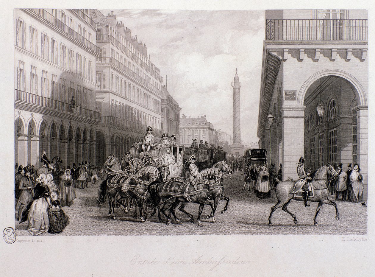 Cortege of an ambassador on the Place de la Bourse upon his arrival in Paris. Engraving by Eugene Louis Lami 1843 Private collection by Eugene Louis Lami
