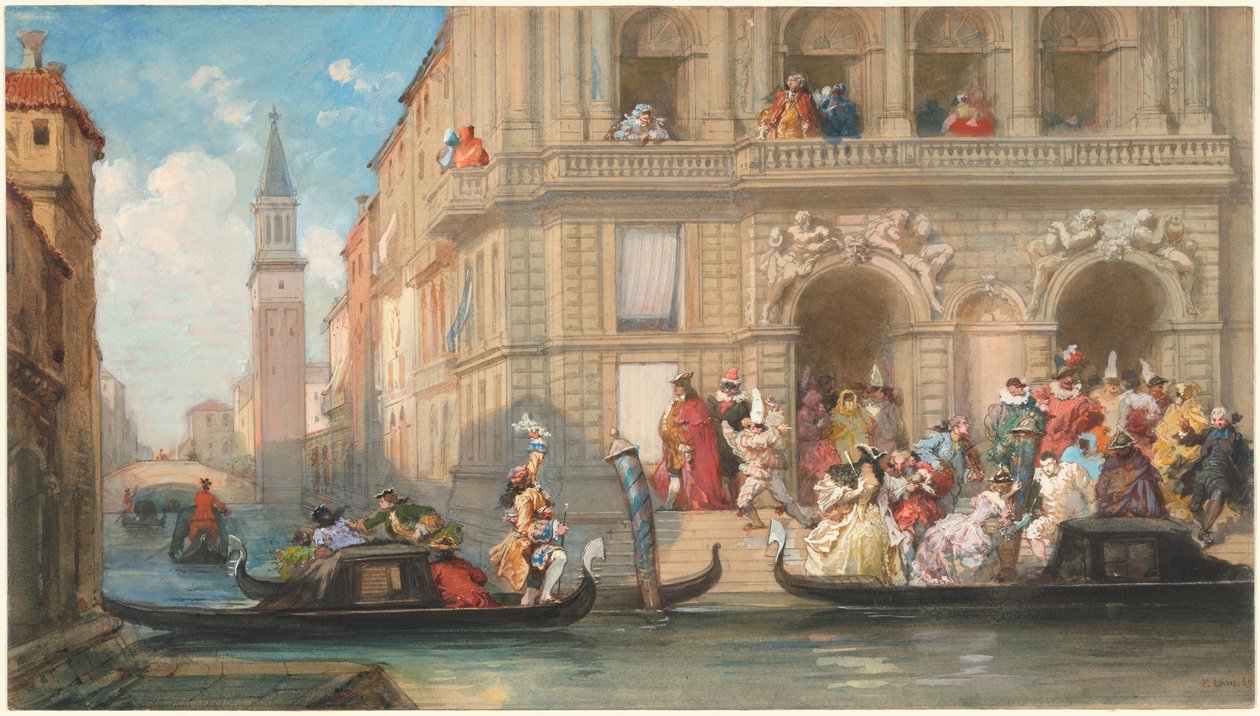 Masqueraders Boarding Gondolas before a Venetian Palazzo by Eugene Louis Lami