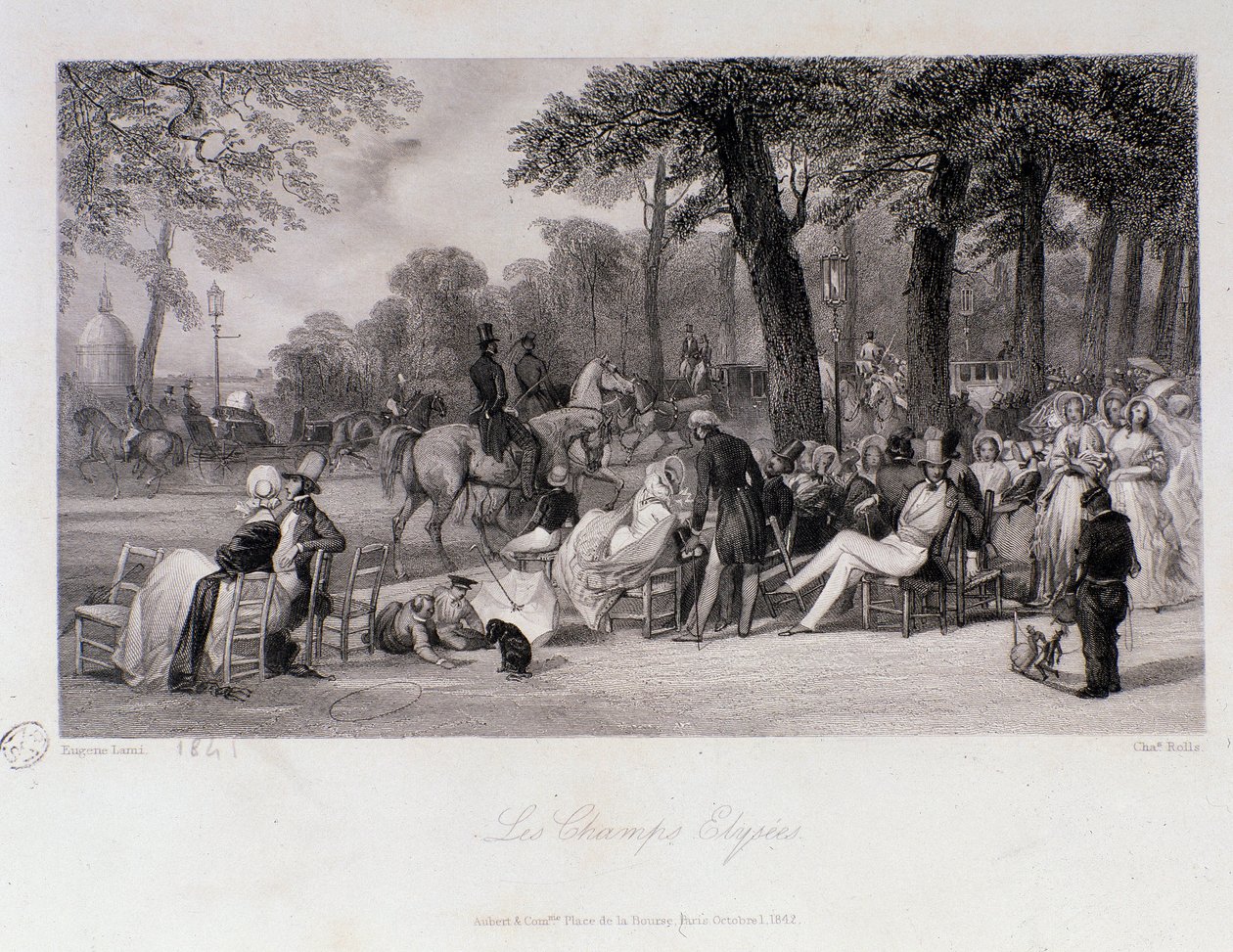 Passengers and walkers on the Champs Elysees in Paris. Engraving by Eugene Louis Lami (1800-1890) 1841 Private collection by Eugene Louis Lami