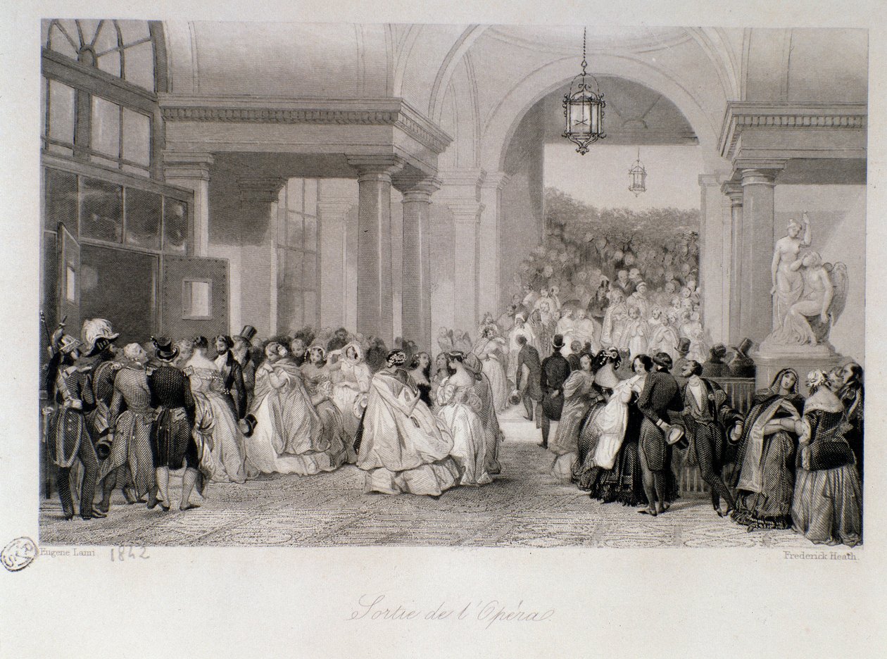 The public has the release of the Opera in Paris. Engraving by Eugene Louis Lami 1842 Private collection by Eugene Louis Lami
