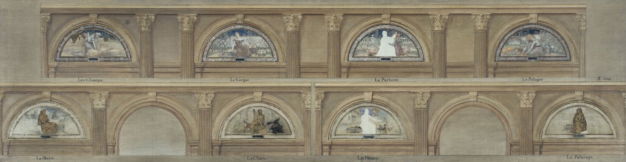 Sketch for the dining room of the Hôtel de Ville de Paris: The Fields. The Orchard. The Flowerbed. The Vegetable Garden. Fishing. Hunting. The Farm. The Pasture, circa 1891 by Eugène Martial Simas